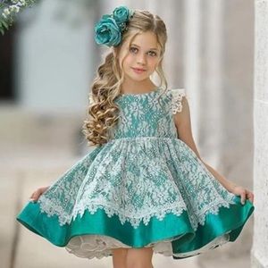 Dollcake princess diaries dress green size 7 white lace sparkle flutter sleeve